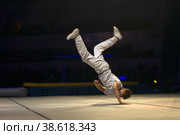 B-boy Bumblebee (Сергей Чернышев) на шоу Алексея Немова "Легенды спорта" - 2018 в Московском дворце спорта в Лужниках, Россия. Редакционное фото, фотограф Pukhov K / Фотобанк Лори