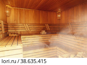 Interior of Finnish sauna, classic wooden sauna with hot steam. Russian bathroom. Relax in hot sauna with steam. Wooden interior baths, wooden benches and loungers accessories for sauna, spa complex. Стоковое фото, фотограф Сергей Тимофеев / Фотобанк Лори