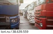 Different semi trucks on the truck stop parking. Стоковое фото, фотограф Jan Jack Russo Media / Фотобанк Лори