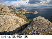 Mount Falcon lit by pink sunset in Novyi Svit during autumn season. Sudak, the Republic of Crimea. Aerial view (2020 год). Стоковое фото, фотограф Igor Tichonow / Фотобанк Лори