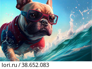 French bulldog, in a red glasses and swimm suit, swims through the waves on a surfboard. Стоковая иллюстрация, иллюстратор Zakharova Natasha / Фотобанк Лори