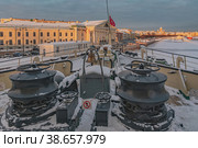 St. Petersburg, Russia January 07, 2023: The legendary icebreaker Krasin is permanently moored at the port berth on the Neva River. Museum of the World Ocean. Historic ship, conqueror of the Arctic. Редакционное фото, фотограф Владимир Ендовицкий / Фотобанк Лори