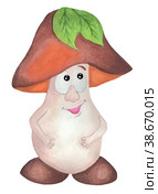 Brown mushroom with a face. Funny mushroom character with a smiling human face and big eyes. Separate on a white background. Children's watercolor drawing. drawn by hand on paper. Стоковая иллюстрация, иллюстратор Андрей Золотарев / Фотобанк Лори