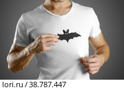 A man in a white t-shirt holds a black silhouette of a bat. Close up. Стоковое фото, фотограф Плотников Дмитрий / Фотобанк Лори