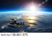 International Space Station ISS Orbiting over Earth. 3D Illustration. Стоковая иллюстрация, иллюстратор Александр Володин / Фотобанк Лори