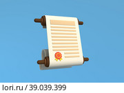 Значок прокрутки с надписями и печатью в мультяшном стиле для веб-дизайна. Концепция информации, знаний, диплома и сертификата на синем фоне. Иллюстрация 3D-рендеринга. Стоковая иллюстрация, иллюстратор Юлия Мелешина / Фотобанк Лори