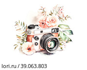 Рисунок фотоаппарата с цветами на белом фоне. Стоковая иллюстрация, иллюстратор Елена Ананьева / Фотобанк Лори