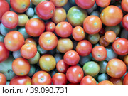 Texture of cherry tomatoes ripe and unripe in pile scattered in bowl. Стоковое фото, фотограф Владимир Григорьев / Фотобанк Лори