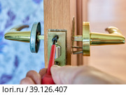 Assembling mechanism of lever door handle, locksmith tightens fixing screw using a screwdriver. Стоковое фото, фотограф Владимир Григорьев / Фотобанк Лори