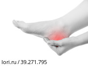 Plantar fasciitis, heel spur, foot pain, man suffering from feet ache at home, podiatry concept. Стоковое фото, фотограф Станислав Тарко / Фотобанк Лори
