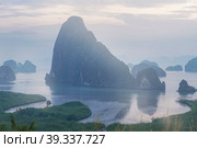 Beautiful view of rocks in the sea landscape, Fog and morning dawn panorama of mountains and sea with sky from the observation point Samet Nangshe in Thailand (2023 год). Стоковое фото, фотограф Владимир Разгуляев / Фотобанк Лори