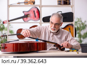 Old male repairman repairing musical instruments at workplace. Стоковое фото, фотограф Elnur / Фотобанк Лори