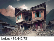 Aftermath of a devastating earthquake in a mountain village in either Syria or Turkey. The once-picturesque landscape is now littered with the ruins of homes, their walls crumbled and roofs caved in. Стоковое AI-изображение, AI-художник Владимир Разгуляев / Фотобанк Лори