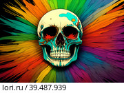 Painted human skull on colorful background of colorful paint spashes, AI generated. Стоковое AI-изображение, AI-художник Сергей Старуш / Фотобанк Лори