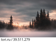 Beautiful frozen northern landscape at sunset during bliszard, AI generated. Стоковое AI-изображение, AI-художник Сергей Старуш / Фотобанк Лори