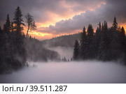 Beautiful frozen northern landscape at sunset during bliszard, AI generated. Стоковое AI-изображение, AI-художник Сергей Старуш / Фотобанк Лори