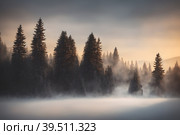 Beautiful frozen northern landscape at sunset during bliszard, AI generated. Стоковое AI-изображение, AI-художник Сергей Старуш / Фотобанк Лори