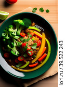Vegetable stew with eggplant and zucchini on a wooden background. Стоковая иллюстрация, иллюстратор Марина Володько / Фотобанк Лори