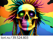 Painted human skull with colorful dreads, flowers and paint spashes, AI generated. Стоковое AI-изображение, AI-художник Сергей Старуш / Фотобанк Лори
