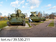 Военная техника в парке "Патриот". Зенитная самоходная установка ЗСУ-23-4 "Шилка", Зенитный ракетно-пушечный комплекс ЗРПК 2С6 "Тунгуска". Город Луга, Ленинградская область (2020 год). Редакционное фото, фотограф Александр Щепин / Фотобанк Лори