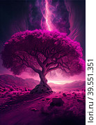 Pink lonely branchy tree on pink planet under a starry sky and a starry milky way. Стоковое AI-изображение, AI-художник Евгений Ткачёв / Фотобанк Лори