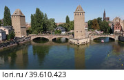 Medieval bridge Ponts Couverts from Barrage Vauban in Strasbourg, France. Стоковое видео, видеограф Яков Филимонов / Фотобанк Лори