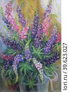 Bouquet of lupins, colorful summer still life, oil painting. Стоковая иллюстрация, иллюстратор Aleksandra Serova / Фотобанк Лори