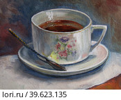 Painting texture oil painting still life, a cup of tea, painted color image. Стоковая иллюстрация, иллюстратор Aleksandra Serova / Фотобанк Лори