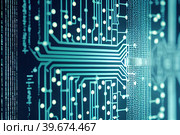 The background of the blue green chip board is a close-up. Green background for news about computers, microelectronics, its components and new technologies. Стоковое AI-изображение, AI-художник Владимир Разгуляев / Фотобанк Лори