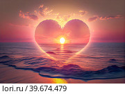 Heart shaped silhouette against backdrop sea sunset, a sense romance, love and wanderlust. Warm hues tranquil waters serene idyllic atmosphere, reminisce about past travel experiences love memories. Стоковое AI-изображение, AI-художник Владимир Разгуляев / Фотобанк Лори