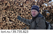 TV report about logging with male reporter speaking in frame. Стоковое видео, видеограф Владимир Григорьев / Фотобанк Лори