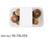 shiitake organic mushrooms for sale in a plastic tray on a light background. lentinula edible, Japanese forest mushroom. Стоковое фото, фотограф Оксана Медведева / Фотобанк Лори