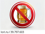 Alcoholism and beer alcoholism struggle for sobriety. A sign with a crossed-out beer mug, a ban on drinking beer and alcoholic beverages alcohol. Стоковое AI-изображение, AI-художник Владимир Разгуляев / Фотобанк Лори