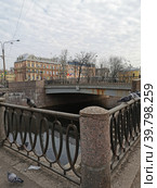 Карповский мост через реку Карповку, фигурное ограждение, на котором сидят голуби (2021 год). Редакционное фото, фотограф Елена Яворская / Фотобанк Лори