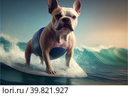Cute white french bulldog in swimm suit, floating on a surfboard in the big waves. Стоковое AI-изображение, AI-художник Zakharova Natasha / Фотобанк Лори