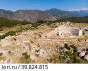 Drone view of ruins of Roman amphitheater at Rhodiapolis, Kumluca, Turkey. Стоковое фото, фотограф Яков Филимонов / Фотобанк Лори