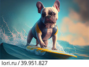 Funny french bulldog in swimm suit, floating on a surfboard in the big waves. Стоковое AI-изображение, AI-художник Zakharova Natasha / Фотобанк Лори
