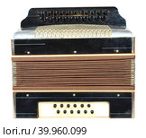 A very old accordion, one button is not, isolated on white background. Стоковое фото, фотограф Сизов Иван Николаевич / Фотобанк Лори