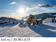 View from the marble quarry to the village of Buguldeyka and Lake Baikal in February, Russia. Стоковое фото, фотограф Ирина Толокновская / Фотобанк Лори