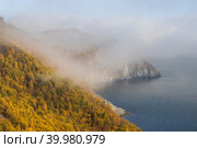 Красивый осенний морской пейзаж. Вид сверху на осенний лиственничный лес на берегу моря и величественный скалистый мыс. Низкие облака и туман. Природа Дальнего Востока России. Магаданская область, Сибирь, Россия. Стоковое фото, фотограф Андрей Степанов / Фотобанк Лори