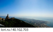 Aerial panoramic view to Basilica of Saint Paul near Harissa mount at Lebanon and Jounieh city and bay at Lebanon. Стоковое фото, фотограф Сергей Майоров / Фотобанк Лори