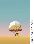 Superb minimalism lonely tree and house on landscape summer. Стоковое AI-изображение, AI-художник Евгений Ткачёв / Фотобанк Лори