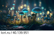 Magical mushrooms in dark mystery forest. Стоковое AI-изображение, AI-художник Анастасия Золотницкая / Фотобанк Лори