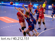 Гандбольный матч предварительного этапа Olimpbet Суперлиги 2022/23 между женскими командами ЦСКА (Москва. Россия) и «Астраханочка» (Астрахань. Россия). Стадион «Динамо» (2023 год). Редакционное фото, фотограф Pukhov K / Фотобанк Лори