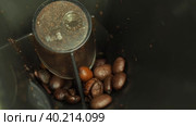fresh roasted coffee beans are grinded in an automatic coffee maker, close-up. Стоковое видео, видеограф Татьяна Лобанова / Фотобанк Лори