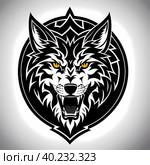 Wolf Fenrir's head, sticker or tatoo design, black on white background. AI generated image. Стоковое AI-изображение, AI-художник Сергей Старуш / Фотобанк Лори