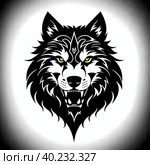 Wolf Fenrir's head, sticker or tatoo design, black on white background. AI generated image. Стоковое AI-изображение, AI-художник Сергей Старуш / Фотобанк Лори