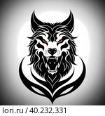 Wolf Fenrir's head, sticker or tatoo design, black on white background. AI generated image. Стоковое AI-изображение, AI-художник Сергей Старуш / Фотобанк Лори