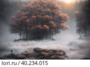 Beautiful frozen northern landscape with lonely person silhouette at sunset during bliszard, AI generated. Стоковое AI-изображение, AI-художник Сергей Старуш / Фотобанк Лори