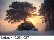 Beautiful frozen northern landscape at sunset during bliszard, AI generated. Стоковое AI-изображение, AI-художник Сергей Старуш / Фотобанк Лори